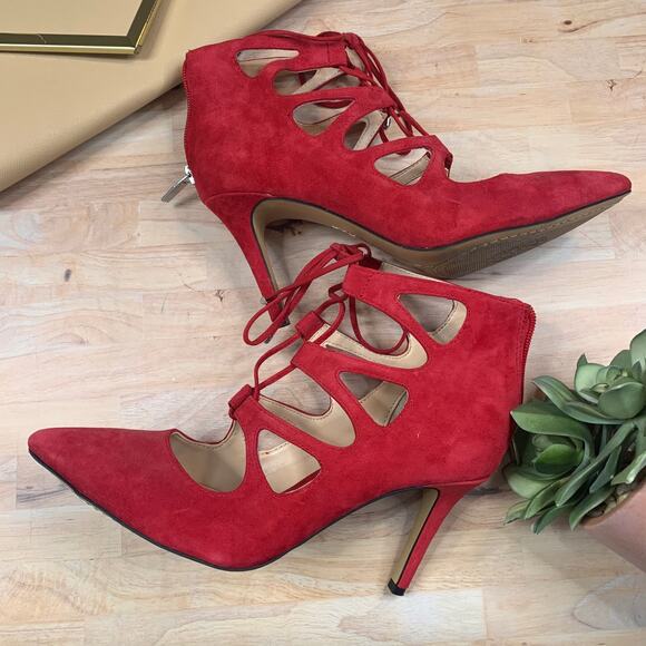 Vince Camuto Suede Red Cutout Heels - Picture 8 of 8